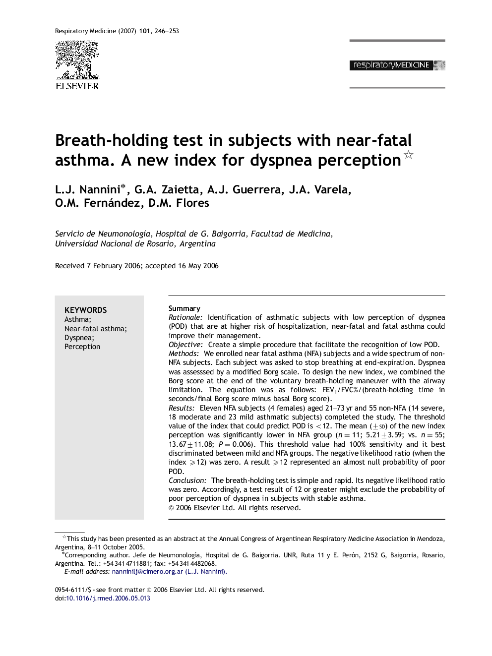 Breath-holding test in subjects with near-fatal asthma. A new index for dyspnea perception 