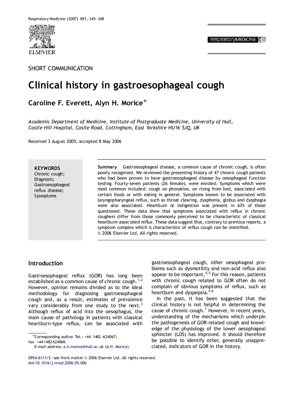 Clinical history in gastroesophageal cough