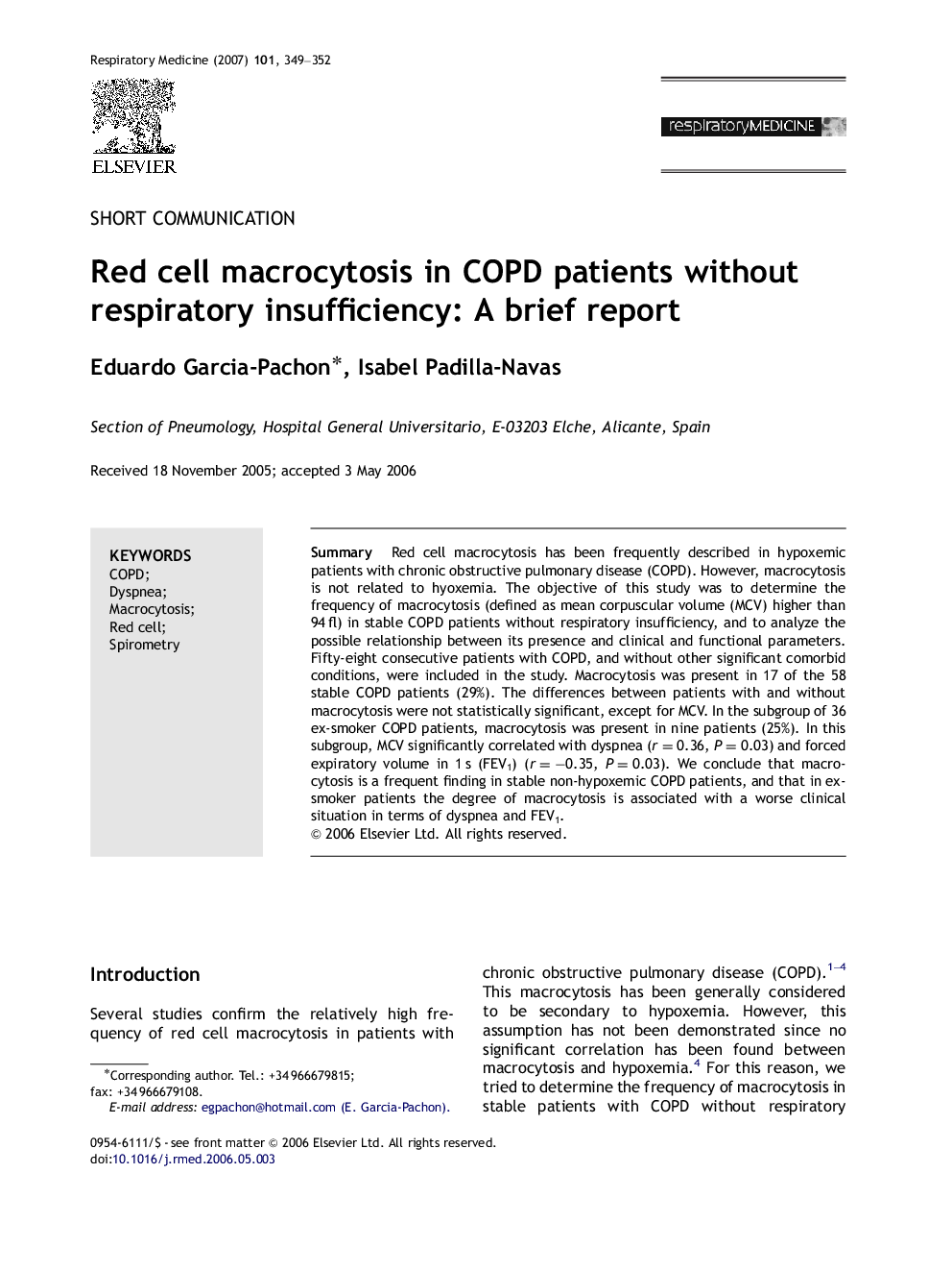 Red cell macrocytosis in COPD patients without respiratory insufficiency: A brief report