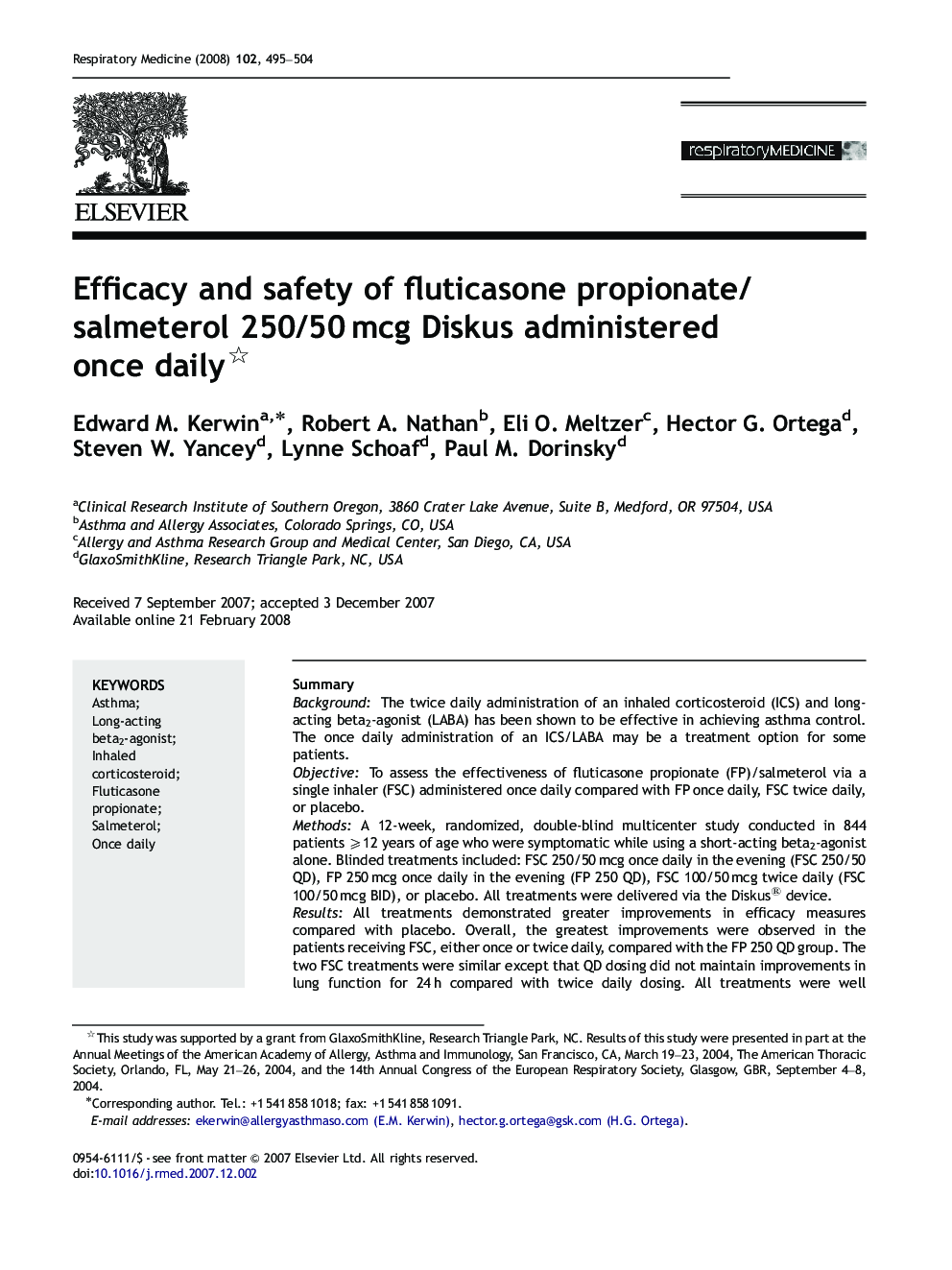 Efficacy and safety of fluticasone propionate/salmeterol 250/50 mcg Diskus administered once daily 