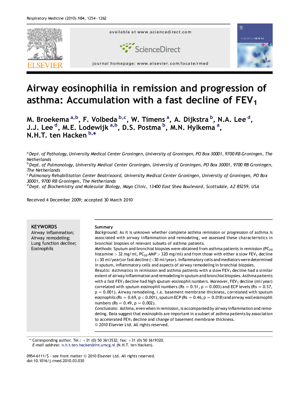 Airway eosinophilia in remission and progression of asthma: Accumulation with a fast decline of FEV1