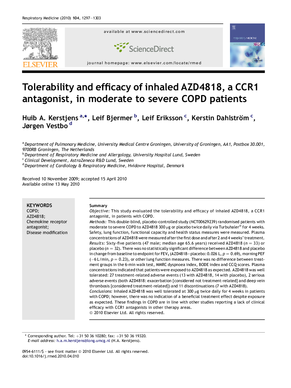 Tolerability and efficacy of inhaled AZD4818, a CCR1 antagonist, in moderate to severe COPD patients