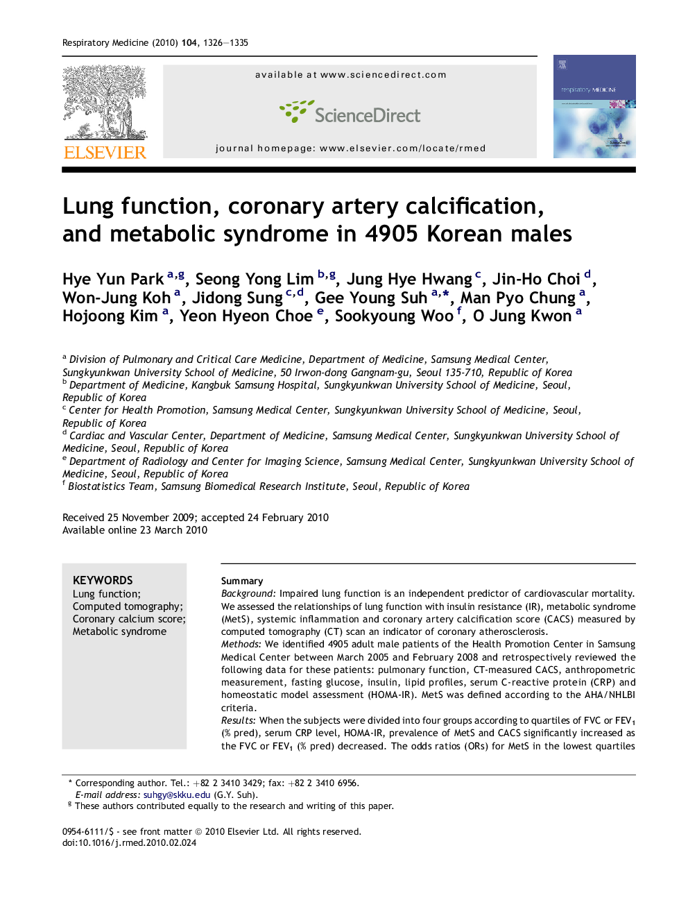 Lung function, coronary artery calcification, and metabolic syndrome in 4905 Korean males