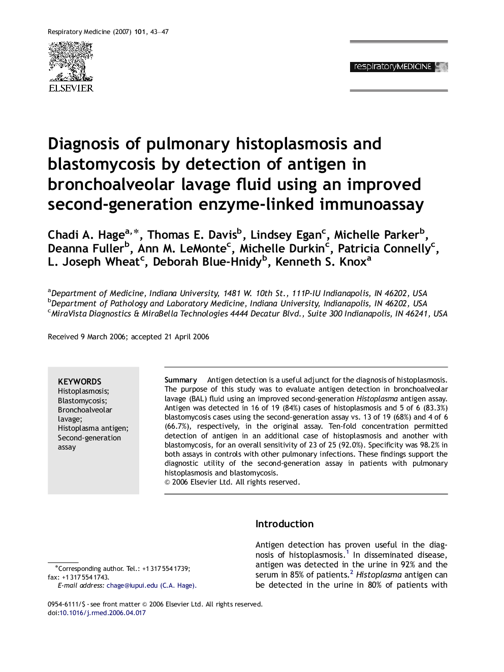 Diagnosis of pulmonary histoplasmosis and blastomycosis by detection of antigen in bronchoalveolar lavage fluid using an improved second-generation enzyme-linked immunoassay