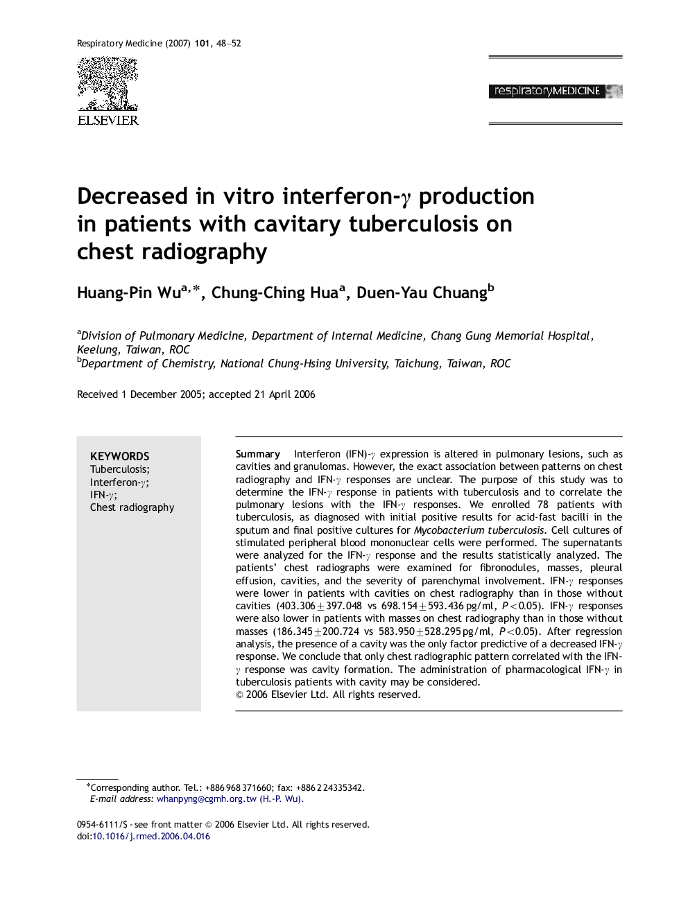 Decreased in vitro interferon-γ production in patients with cavitary tuberculosis on chest radiography