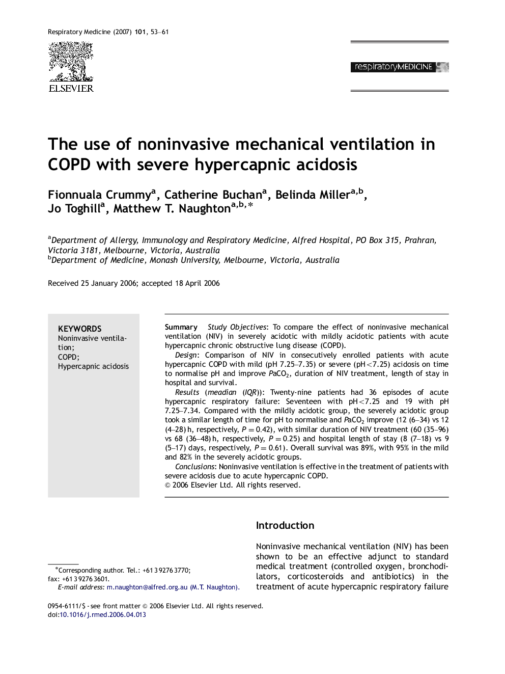 The use of noninvasive mechanical ventilation in COPD with severe hypercapnic acidosis