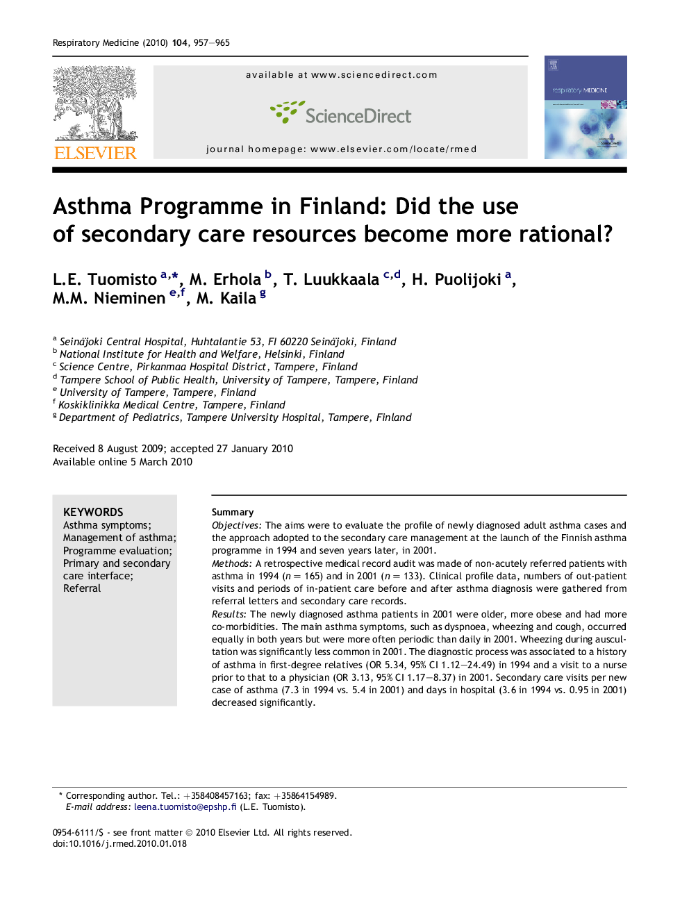 Asthma Programme in Finland: Did the use of secondary care resources become more rational?