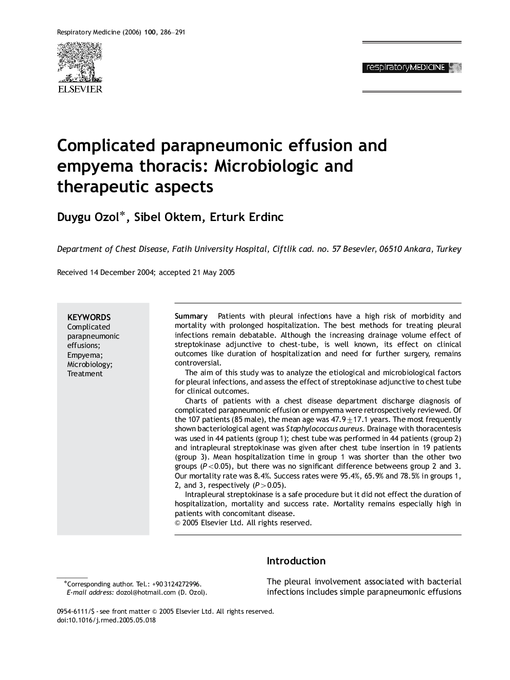 عکس صفحه اول مقاله: Complicated parapneumonic effusion and empyema thoracis: Microbiologic and therapeutic aspects Complicated parapneumonic effusion and empyema thoracis: Microbiologic and therapeutic aspects