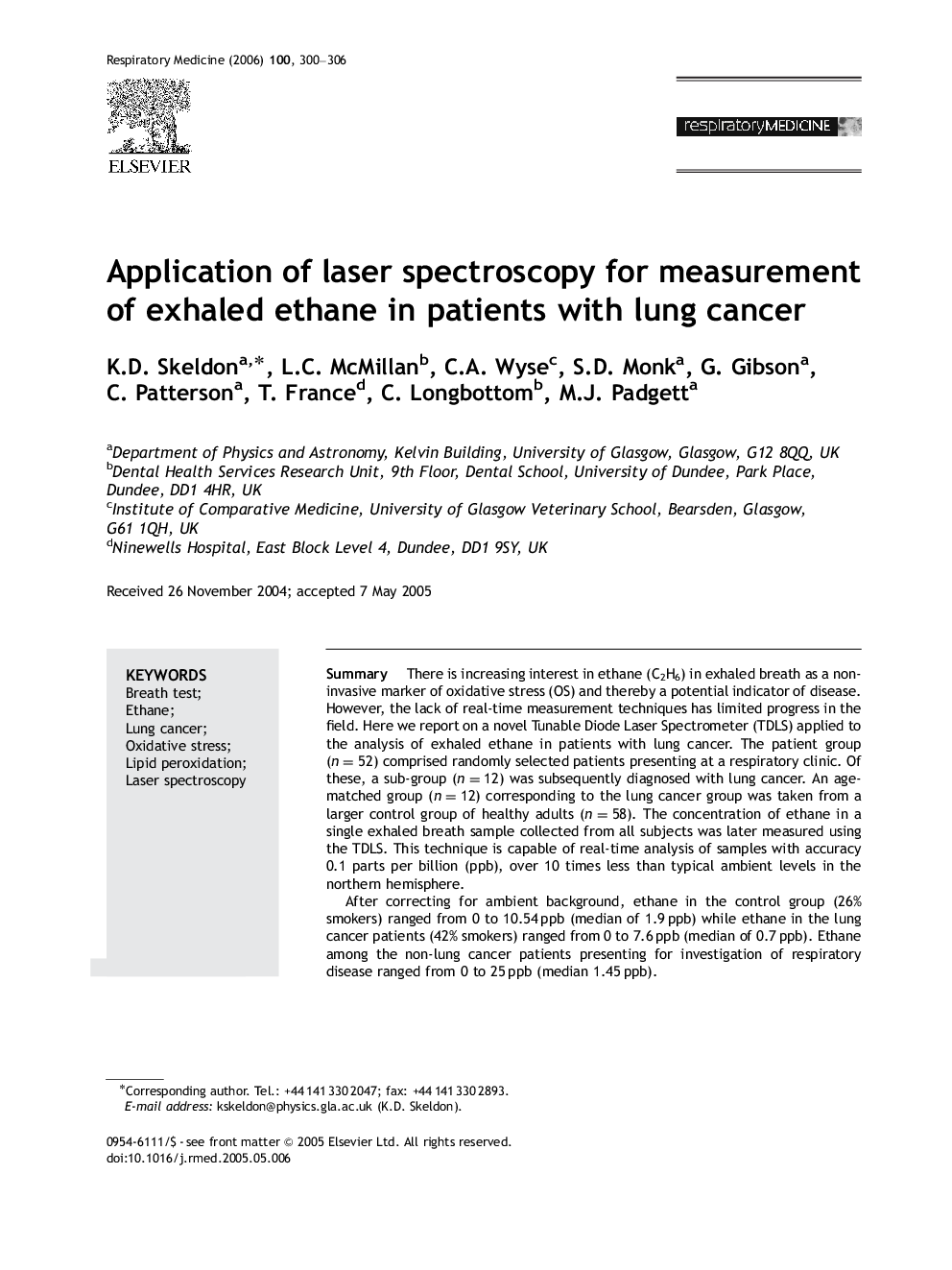 Application of laser spectroscopy for measurement of exhaled ethane in patients with lung cancer
