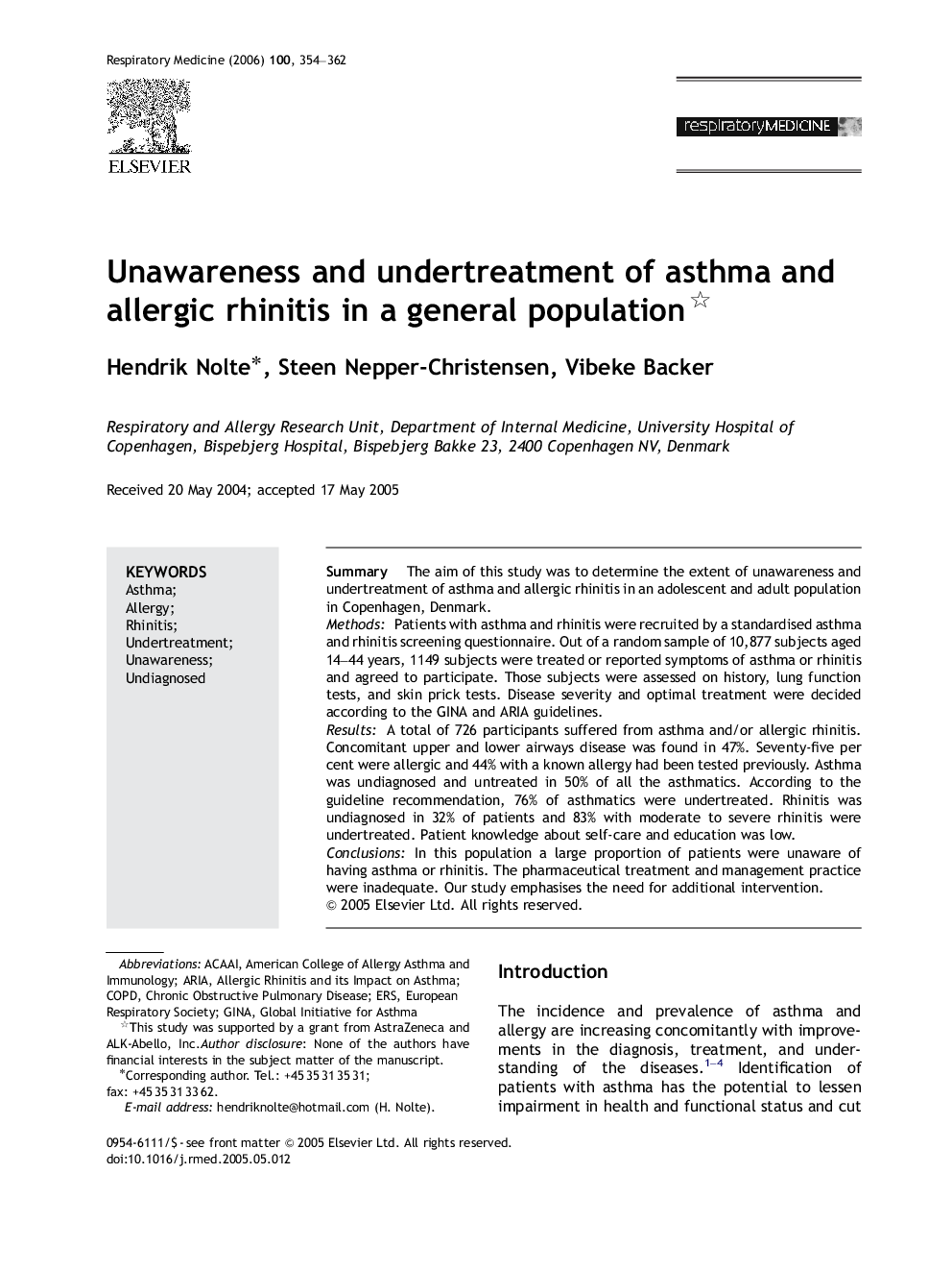 Unawareness and undertreatment of asthma and allergic rhinitis in a general population 