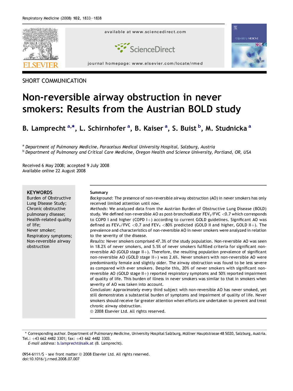 Non-reversible airway obstruction in never smokers: Results from the Austrian BOLD study