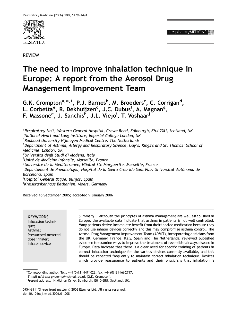 The need to improve inhalation technique in Europe: A report from the Aerosol Drug Management Improvement Team