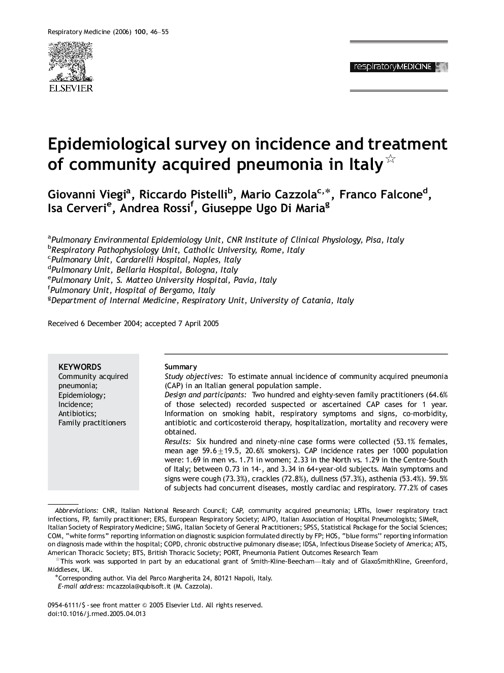 Epidemiological survey on incidence and treatment of community acquired pneumonia in Italy 