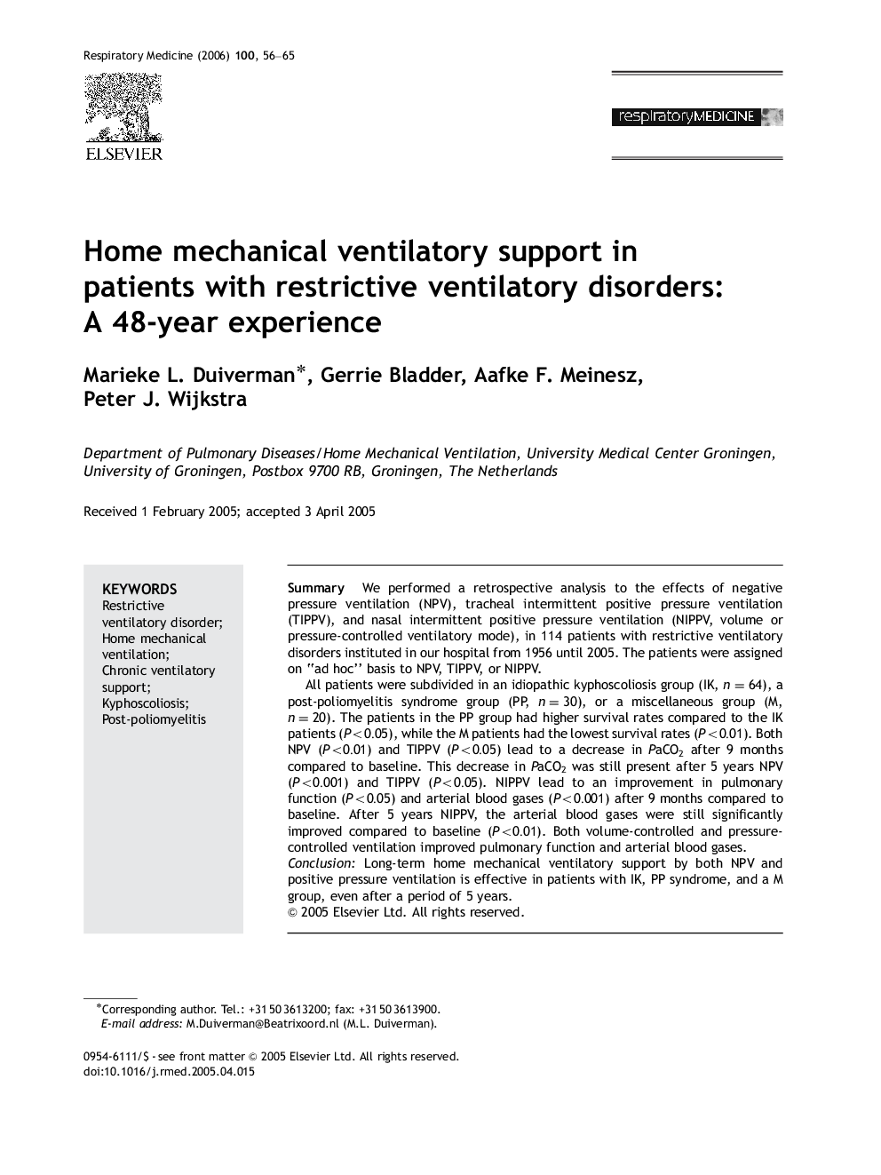 Home mechanical ventilatory support in patients with restrictive ventilatory disorders: A 48-year experience