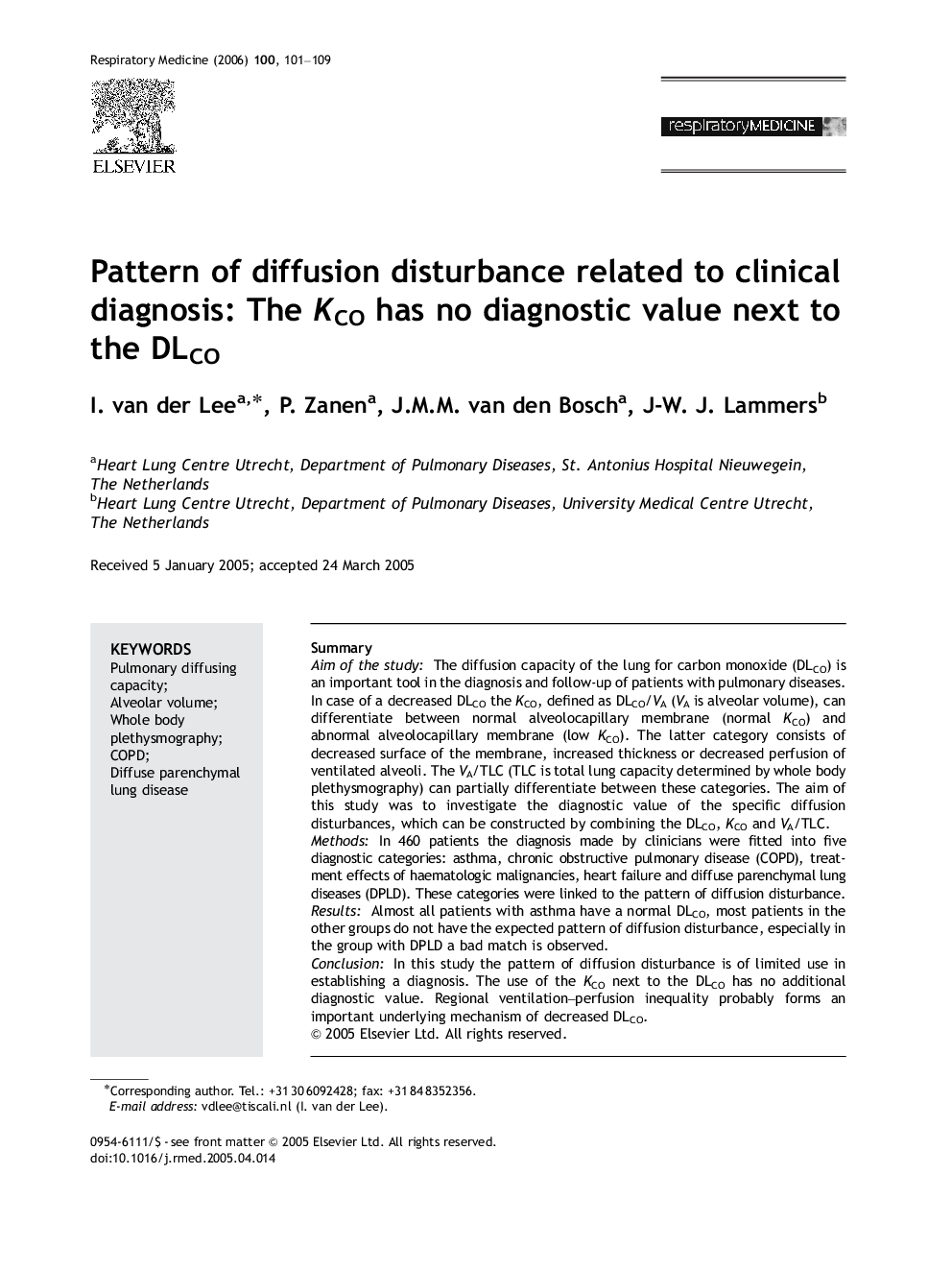 Pattern of diffusion disturbance related to clinical diagnosis: The KCO has no diagnostic value next to the DLCO