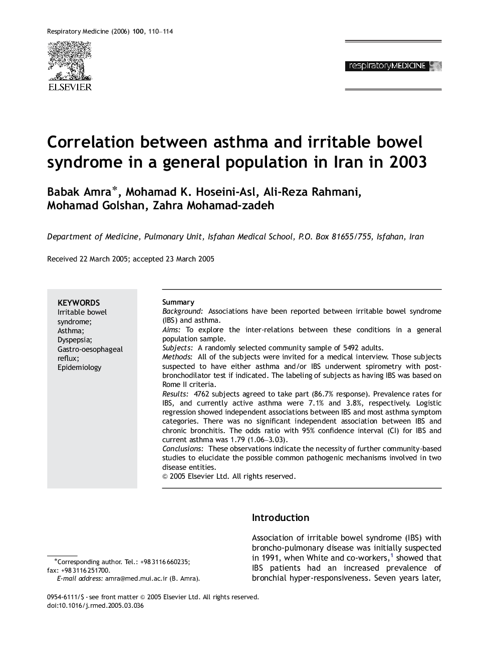 Correlation between asthma and irritable bowel syndrome in a general population in Iran in 2003