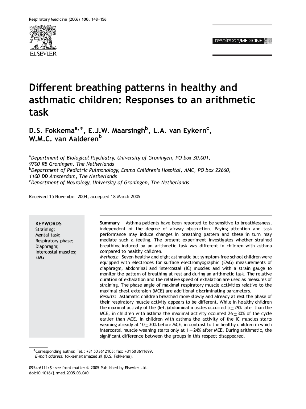 Different breathing patterns in healthy and asthmatic children: Responses to an arithmetic task