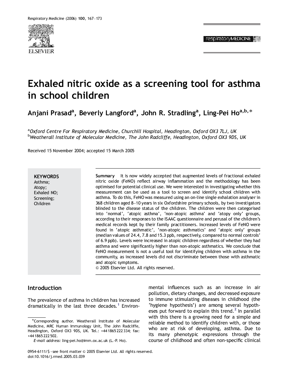 Exhaled nitric oxide as a screening tool for asthma in school children