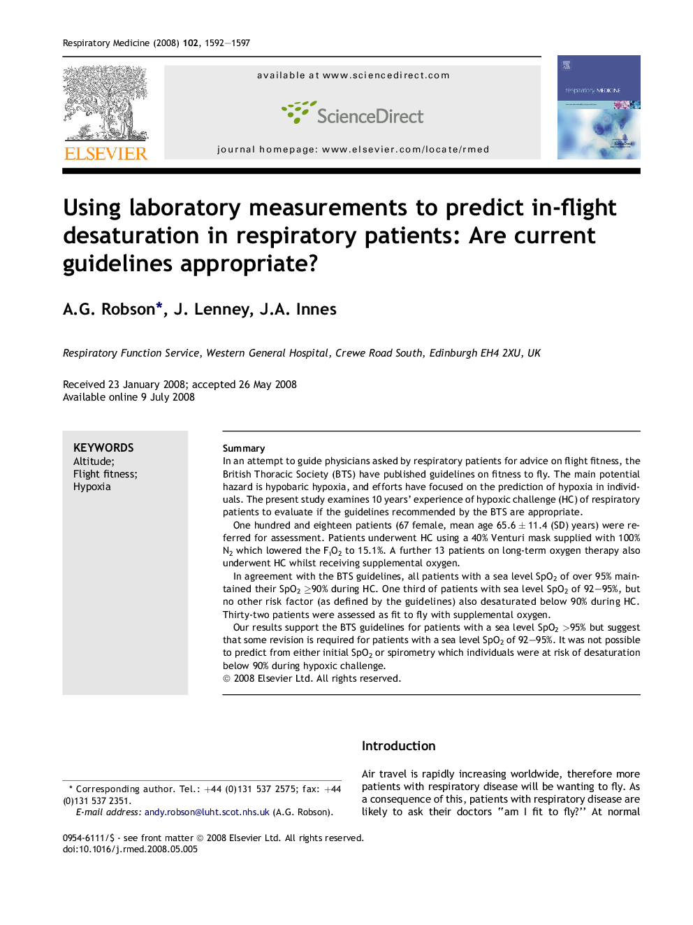 Using laboratory measurements to predict in-flight desaturation in respiratory patients: Are current guidelines appropriate?