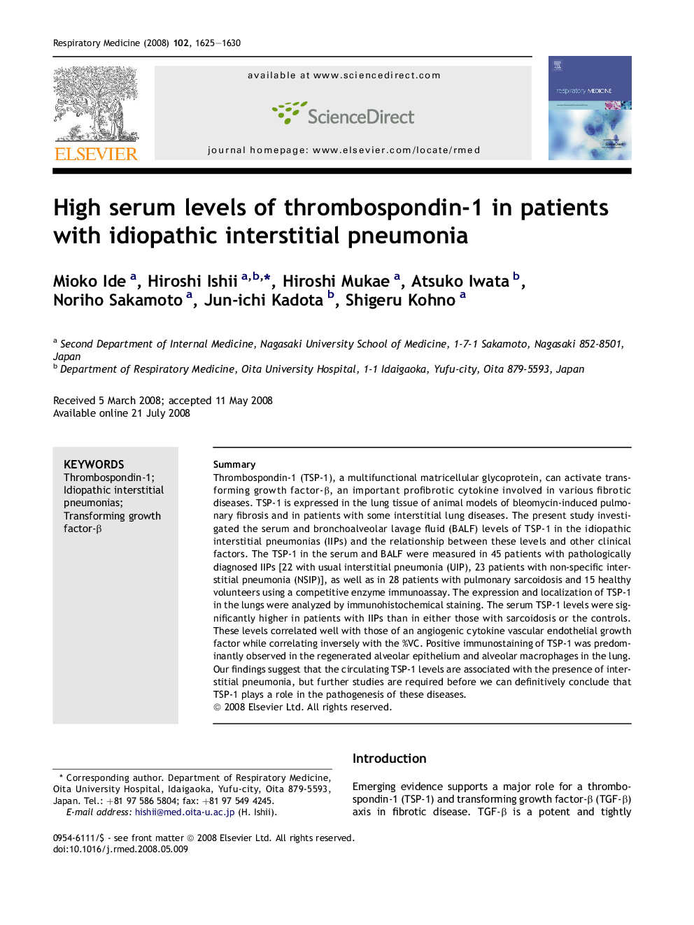 High serum levels of thrombospondin-1 in patients with idiopathic interstitial pneumonia