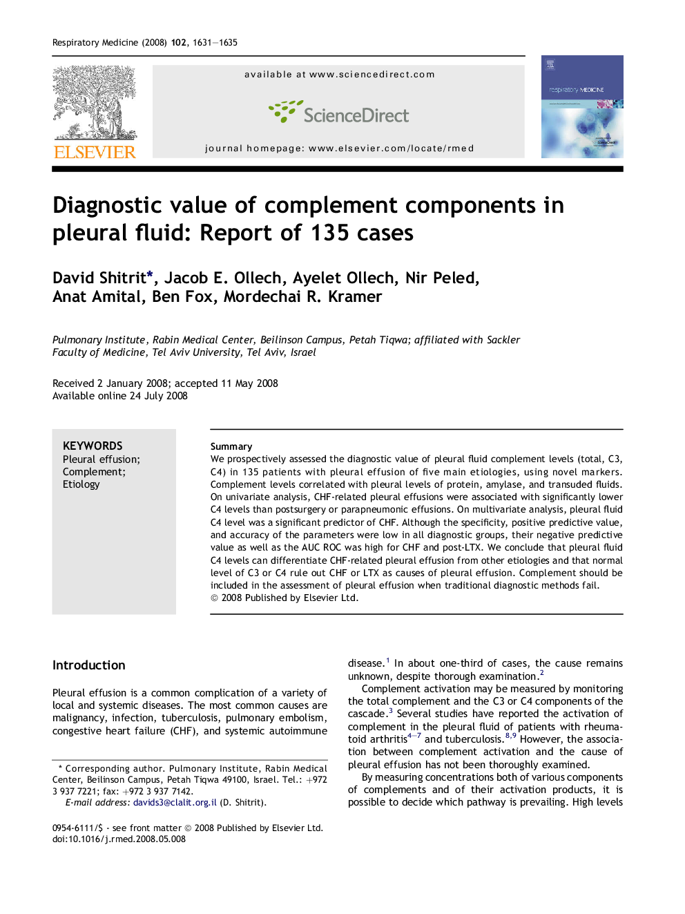 Diagnostic value of complement components in pleural fluid: Report of 135 cases