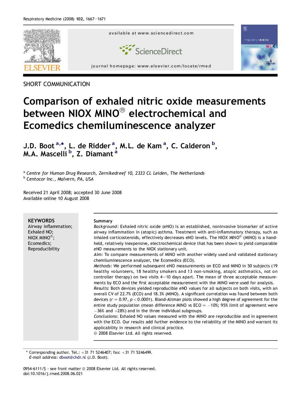 Comparison of exhaled nitric oxide measurements between NIOX MINO® electrochemical and Ecomedics chemiluminescence analyzer