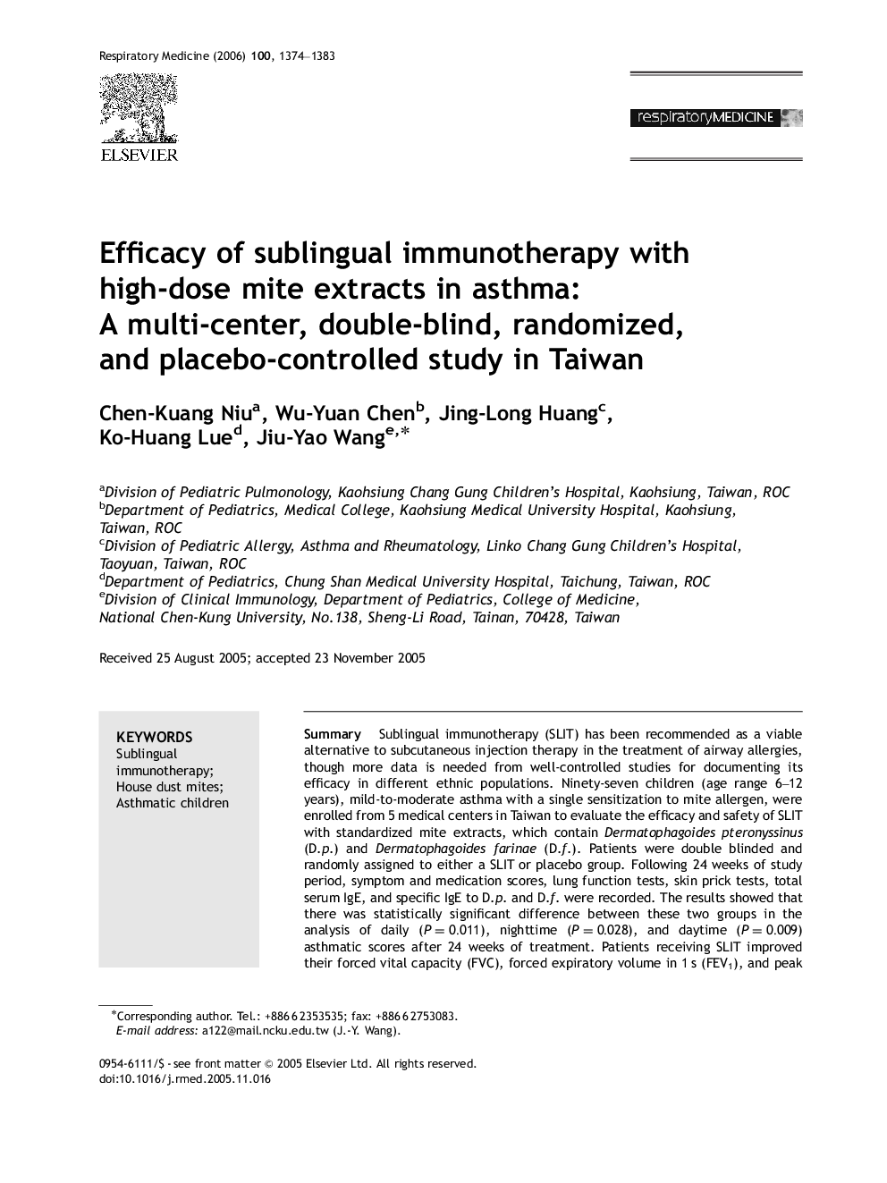 Efficacy of sublingual immunotherapy with high-dose mite extracts in asthma: A multi-center, double-blind, randomized, and placebo-controlled study in Taiwan