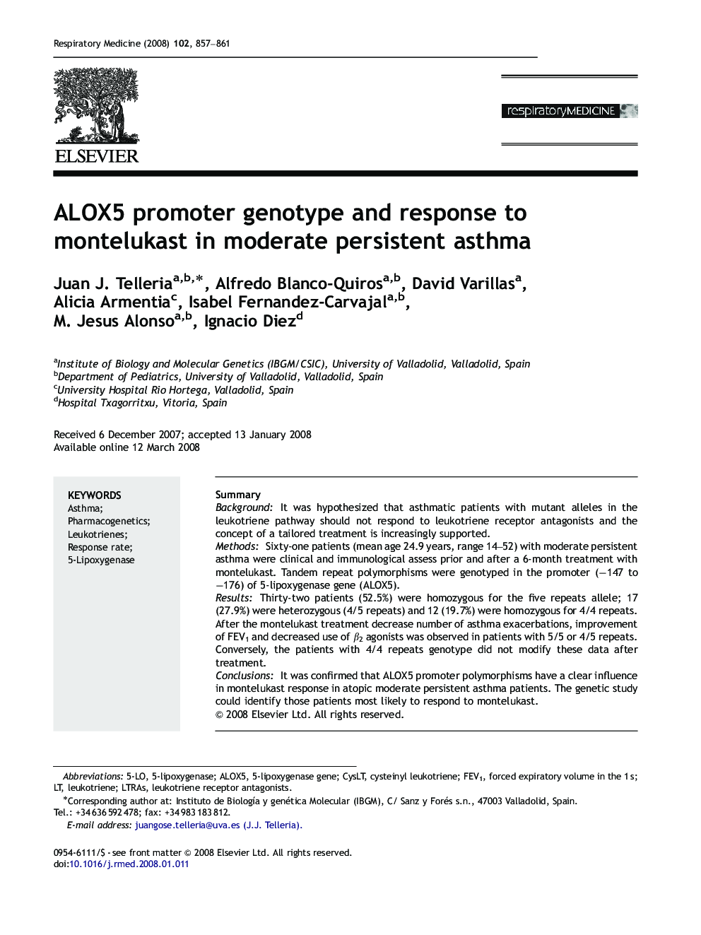 ALOX5 promoter genotype and response to montelukast in moderate persistent asthma