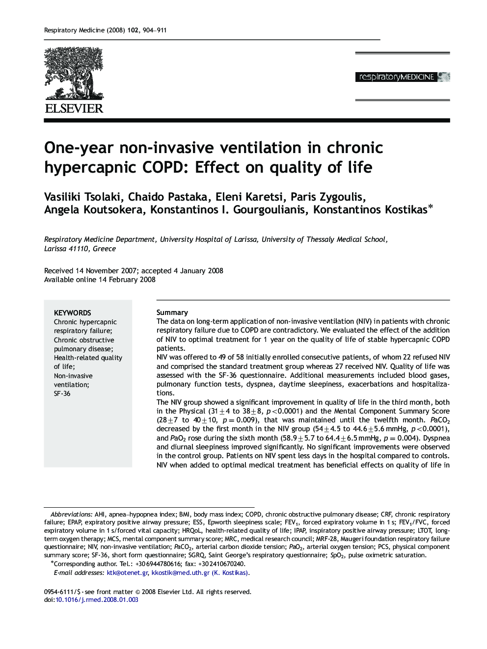 One-year non-invasive ventilation in chronic hypercapnic COPD: Effect on quality of life