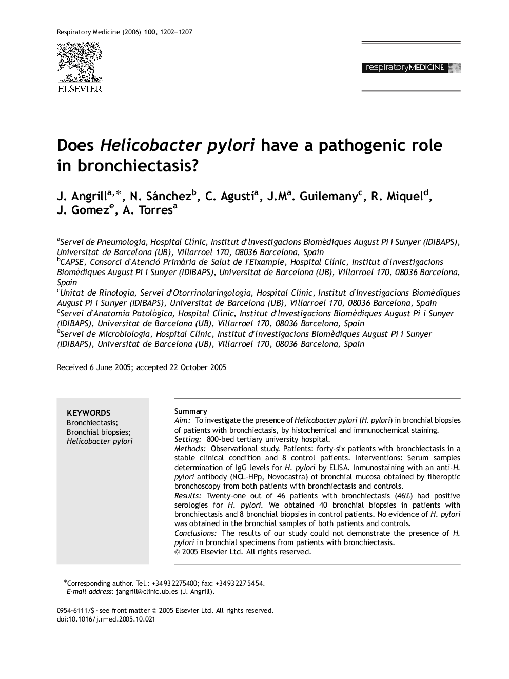 Does Helicobacter pylori have a pathogenic role in bronchiectasis?