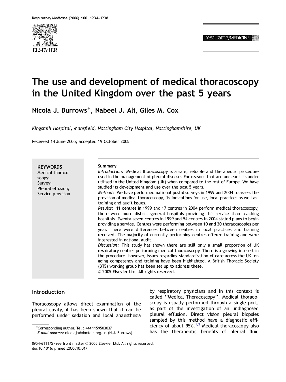 The use and development of medical thoracoscopy in the United Kingdom over the past 5 years