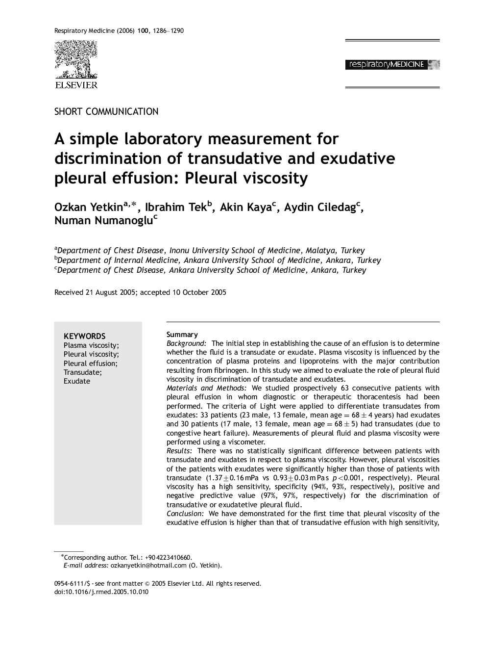 A simple laboratory measurement for discrimination of transudative and exudative pleural effusion: Pleural viscosity