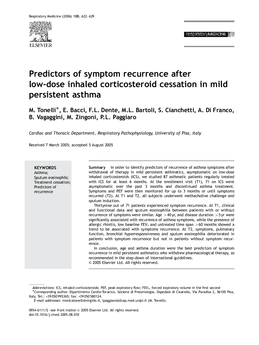 Predictors of symptom recurrence after low-dose inhaled corticosteroid cessation in mild persistent asthma