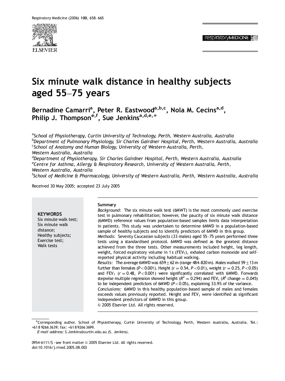 Six minute walk distance in healthy subjects aged 55–75 years