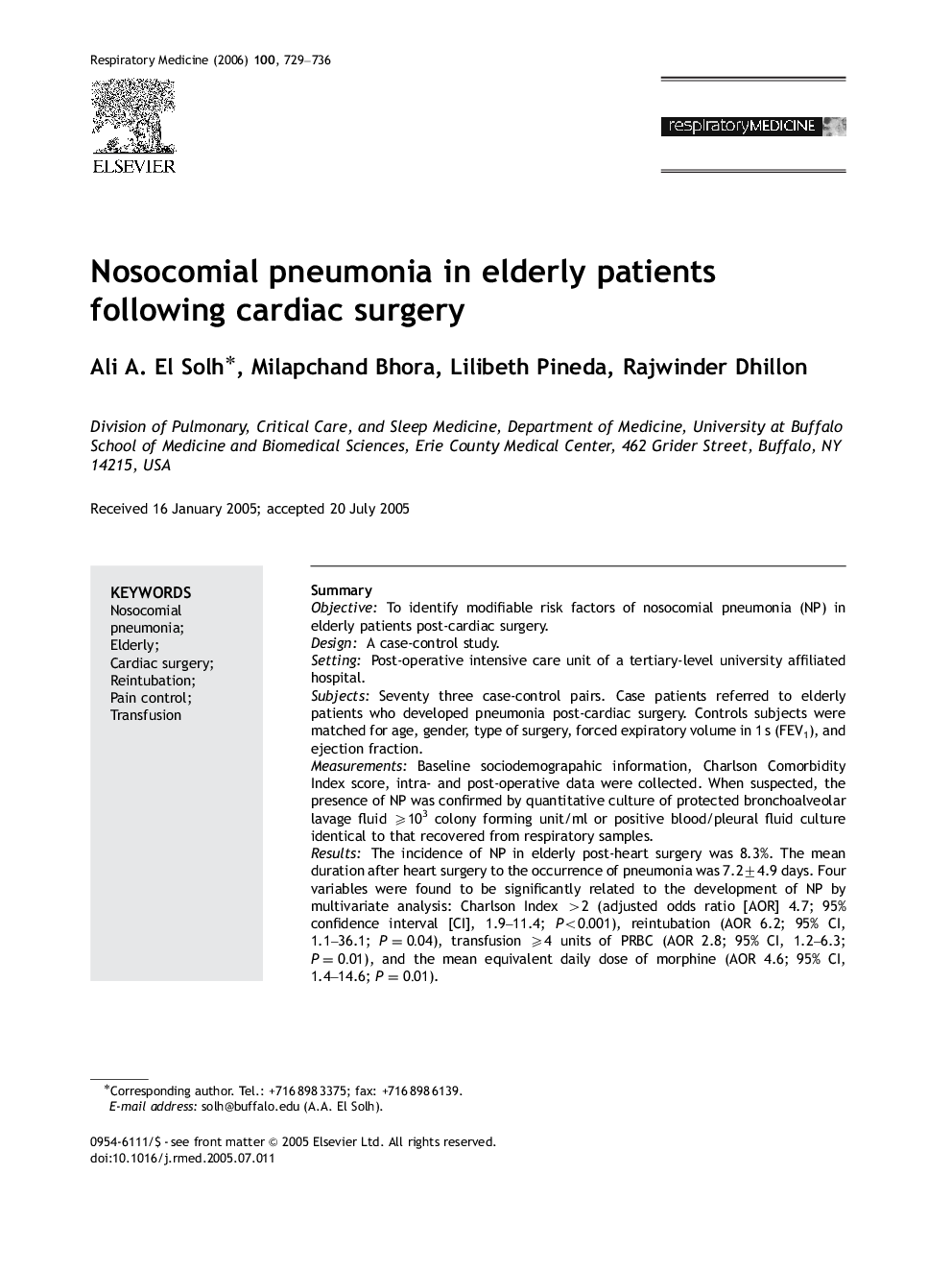 Nosocomial pneumonia in elderly patients following cardiac surgery