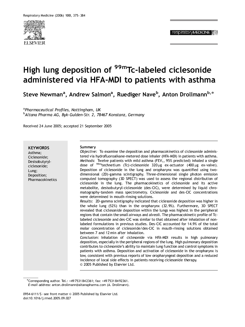 High lung deposition of 99mTc-labeled ciclesonide administered via HFA-MDI to patients with asthma