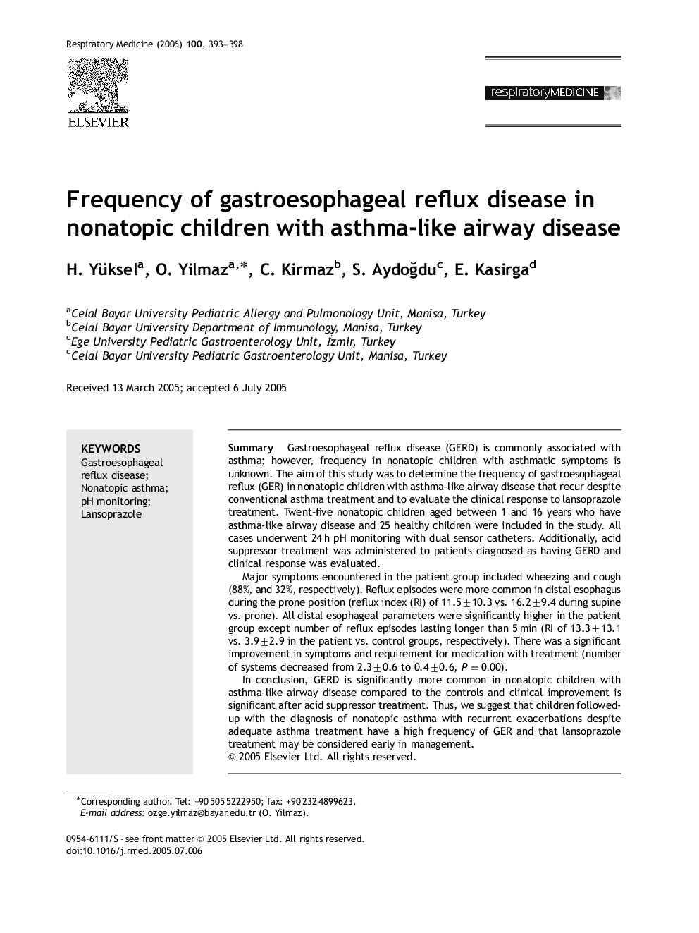 Frequency of gastroesophageal reflux disease in nonatopic children with asthma-like airway disease