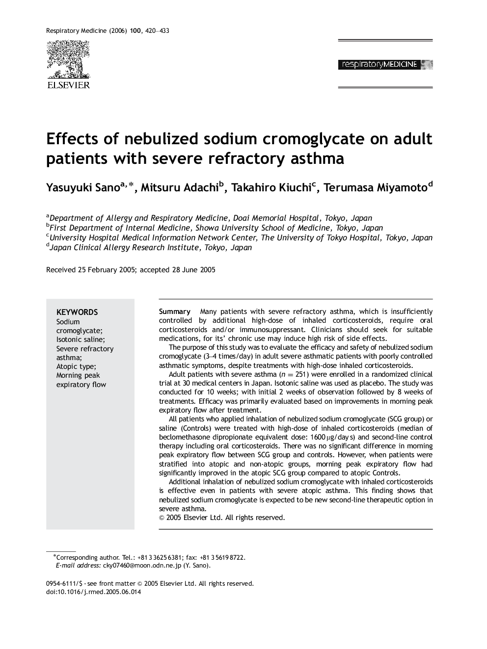 Effects of nebulized sodium cromoglycate on adult patients with severe refractory asthma