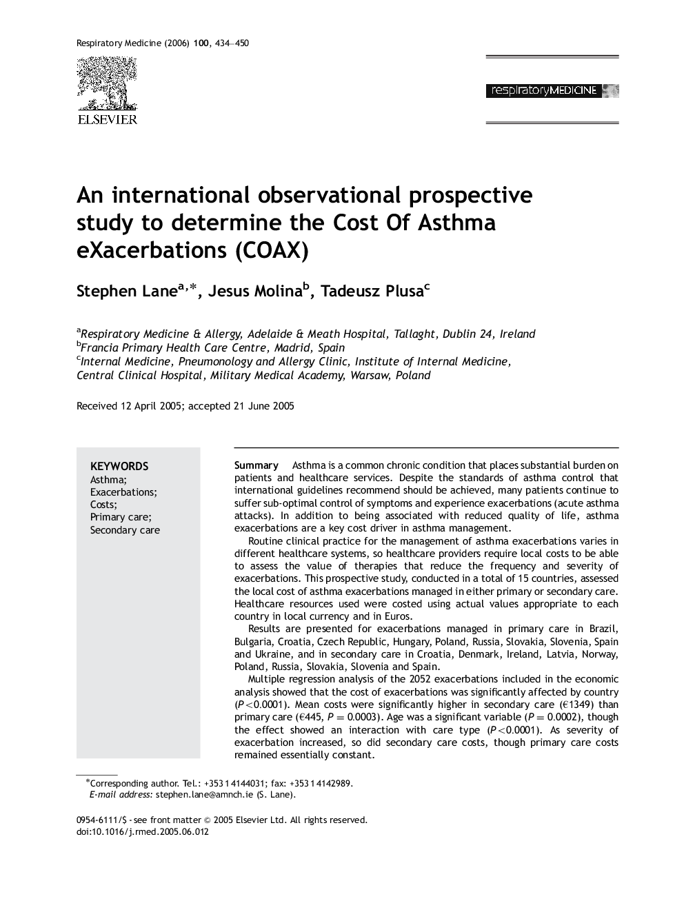 An international observational prospective study to determine the Cost Of Asthma eXacerbations (COAX)