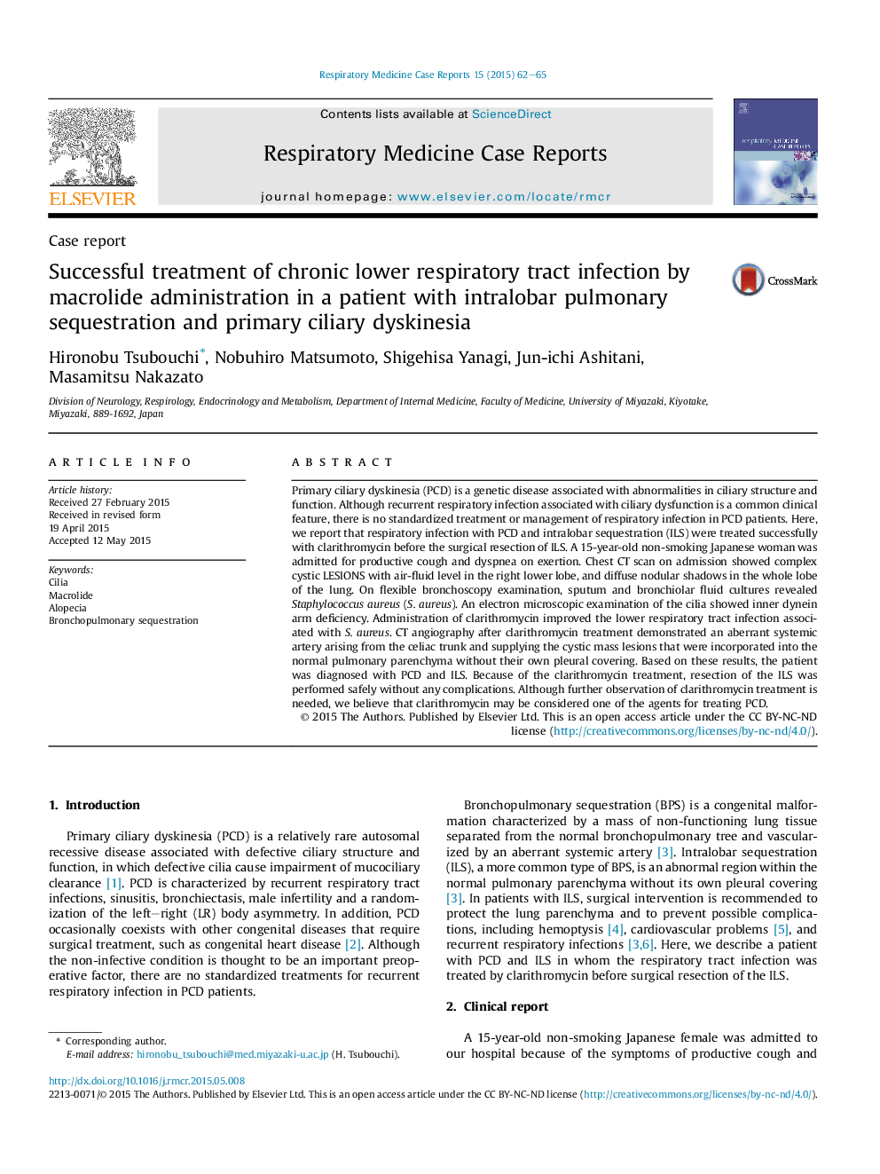 Successful treatment of chronic lower respiratory tract infection by macrolide administration in a patient with intralobar pulmonary sequestration and primary ciliary dyskinesia