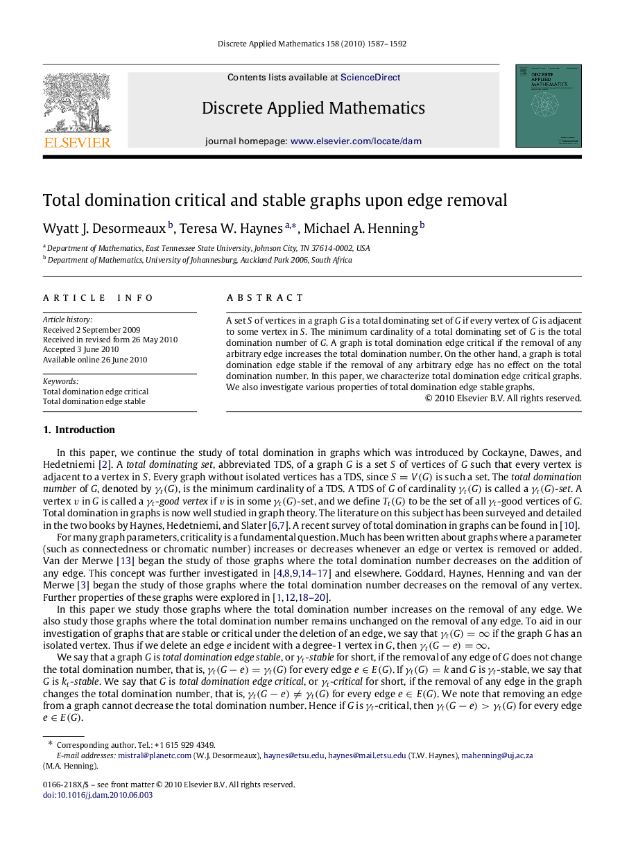عکس صفحه اول مقاله: Total domination critical and stable graphs upon edge removal Total domination critical and stable graphs upon edge removal