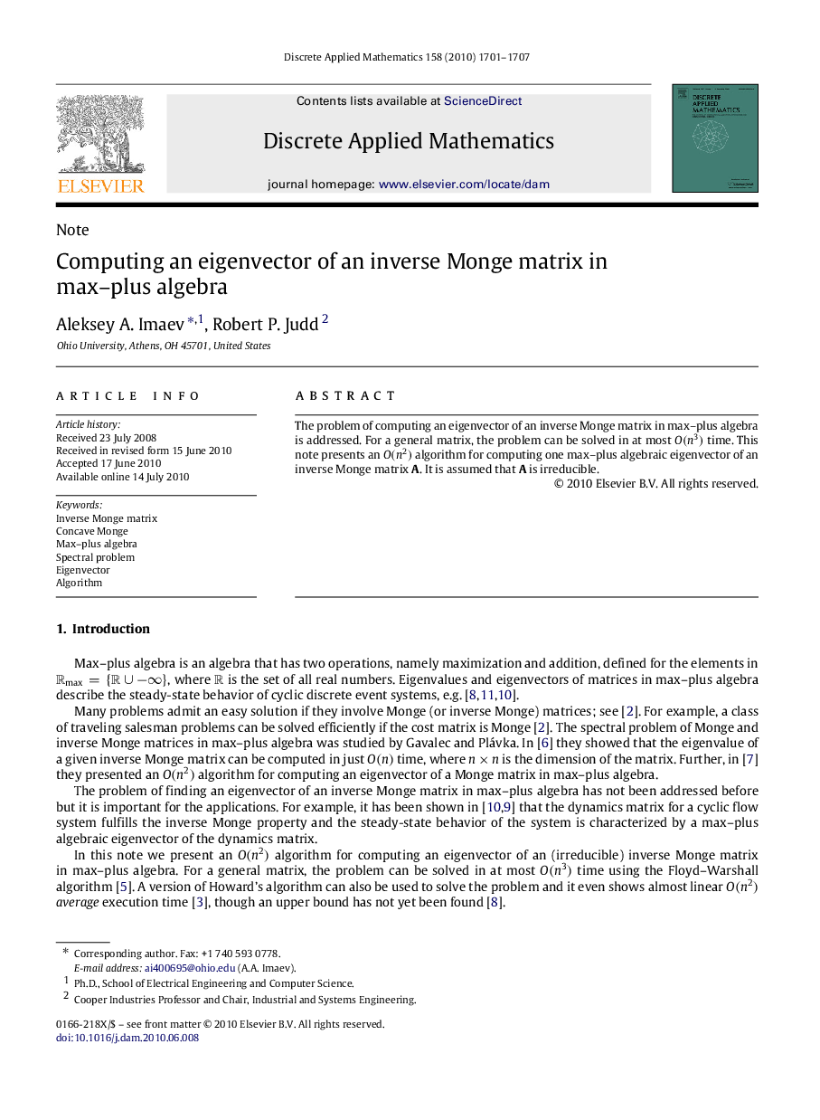 Computing an eigenvector of an inverse Monge matrix in max–plus algebra