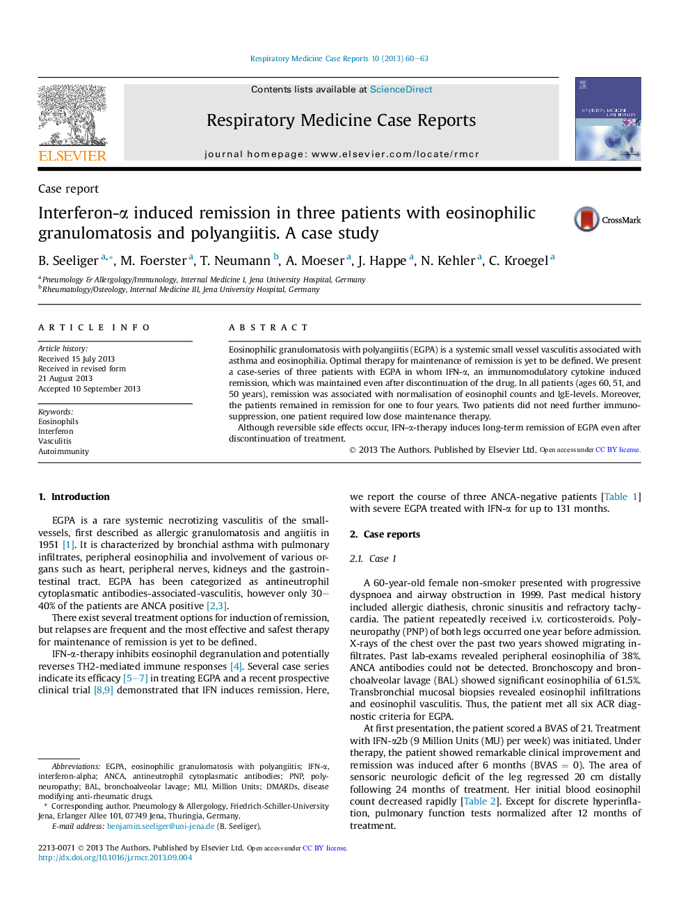 Interferon-α induced remission in three patients with eosinophilic granulomatosis and polyangiitis. A case study