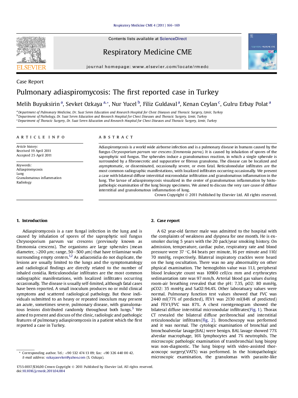 Pulmonary adiaspiromycosis: The first reported case in Turkey