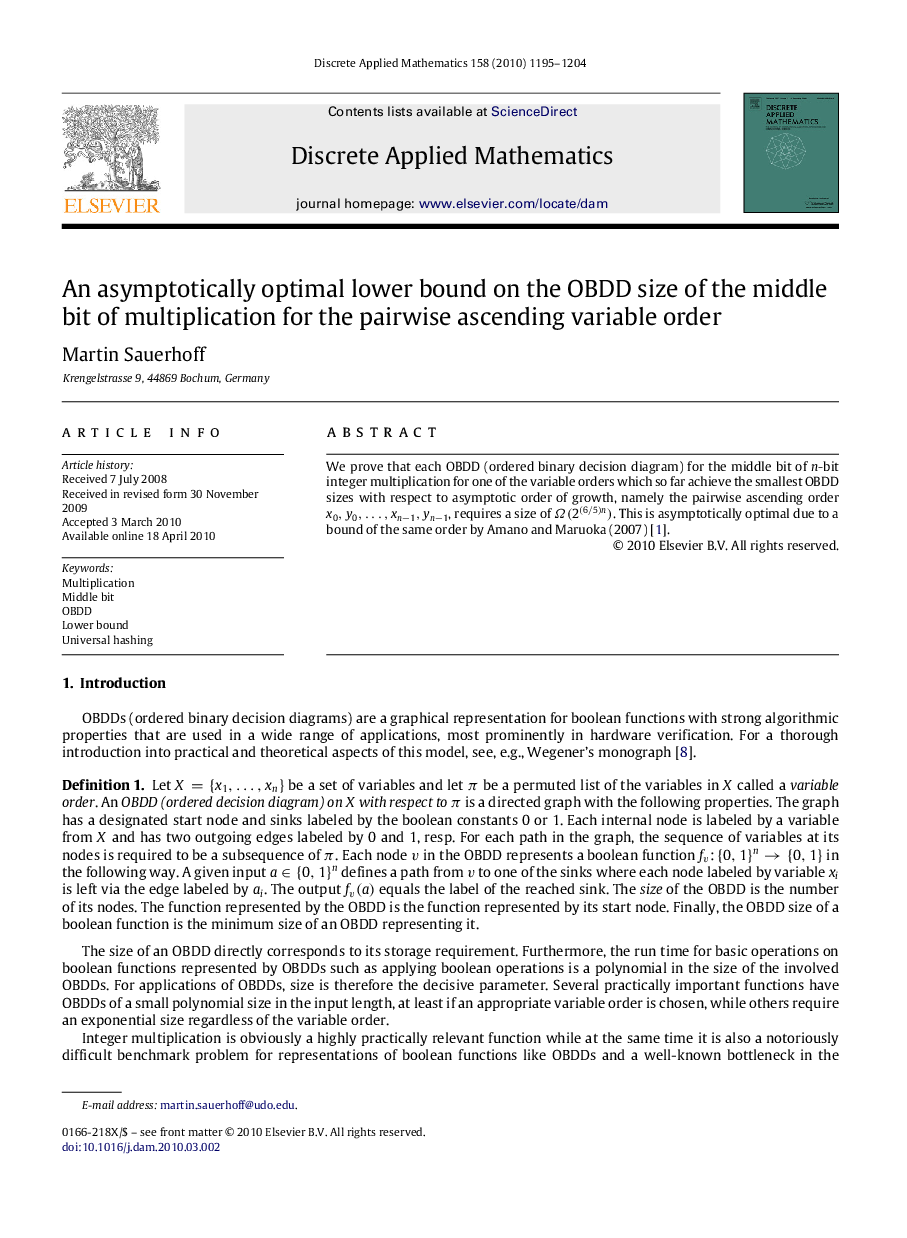 An asymptotically optimal lower bound on the OBDD size of the middle bit of multiplication for the pairwise ascending variable order