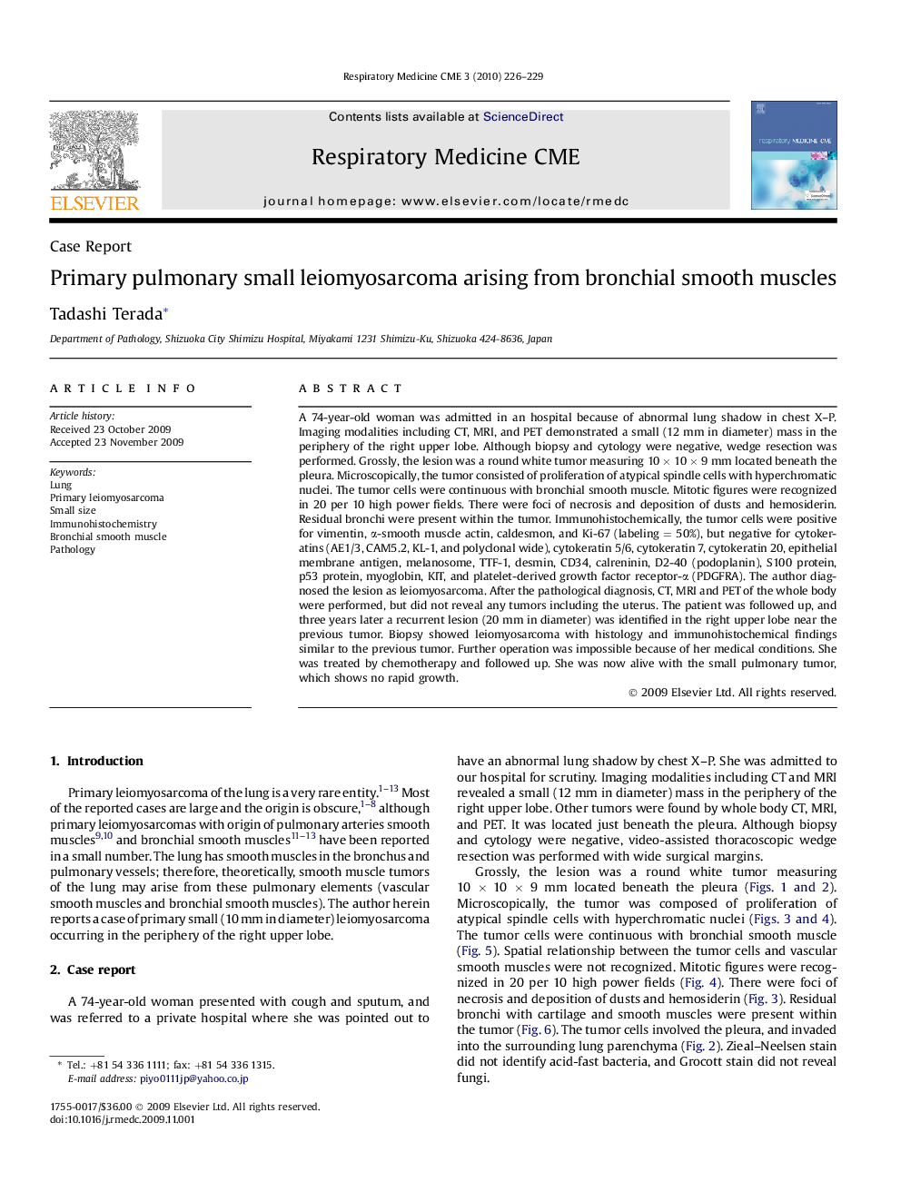 Primary pulmonary small leiomyosarcoma arising from bronchial smooth muscles