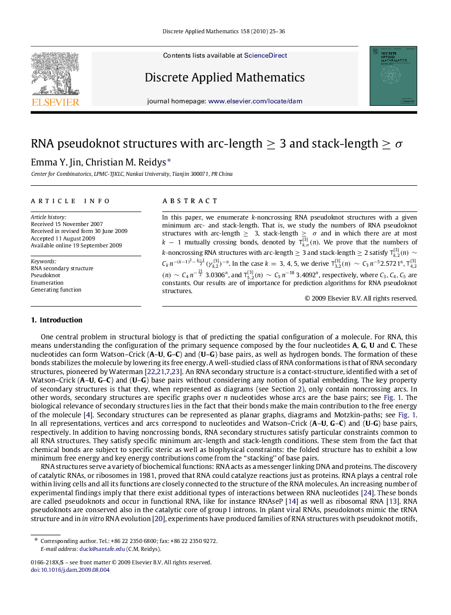 RNA pseudoknot structures with arc-length ≥3≥3 and stack-length ≥σ≥σ