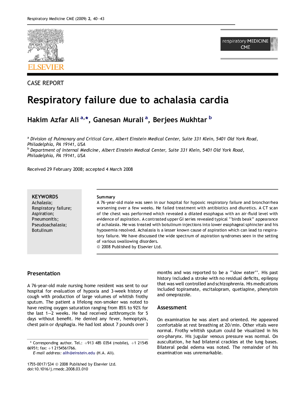 Respiratory failure due to achalasia cardia