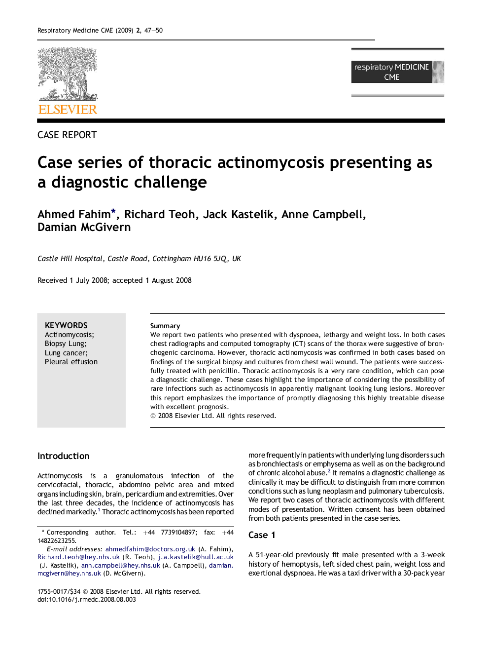 Case series of thoracic actinomycosis presenting as a diagnostic challenge