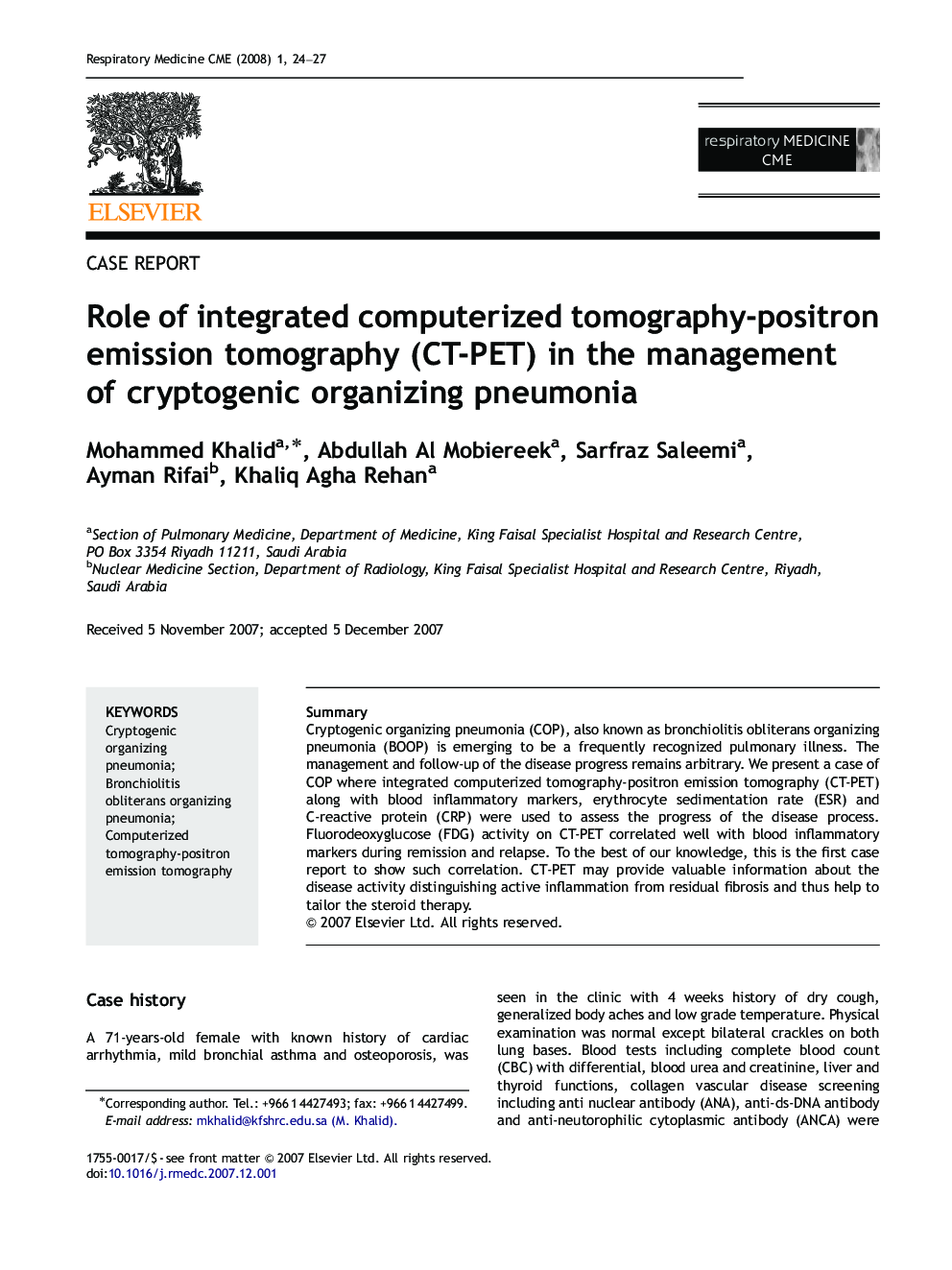 Role of integrated computerized tomography-positron emission tomography (CT-PET) in the management of cryptogenic organizing pneumonia